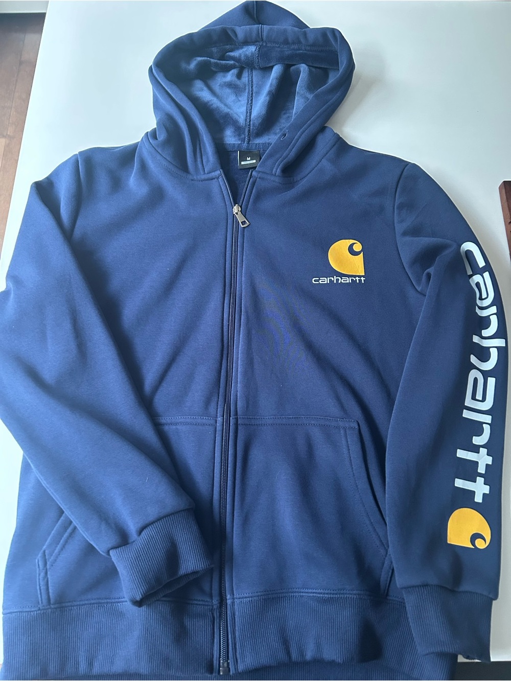 Carhartt Navy Full-Zip Hoodie with Yellow Logo - Picture 1 of 2